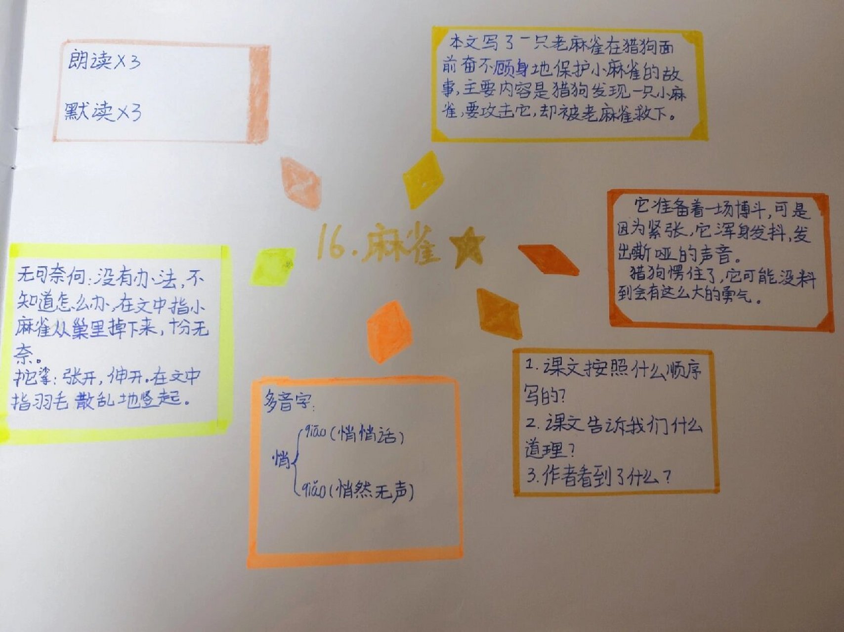 四年级语文《麻雀》思维导图 语文课前预习