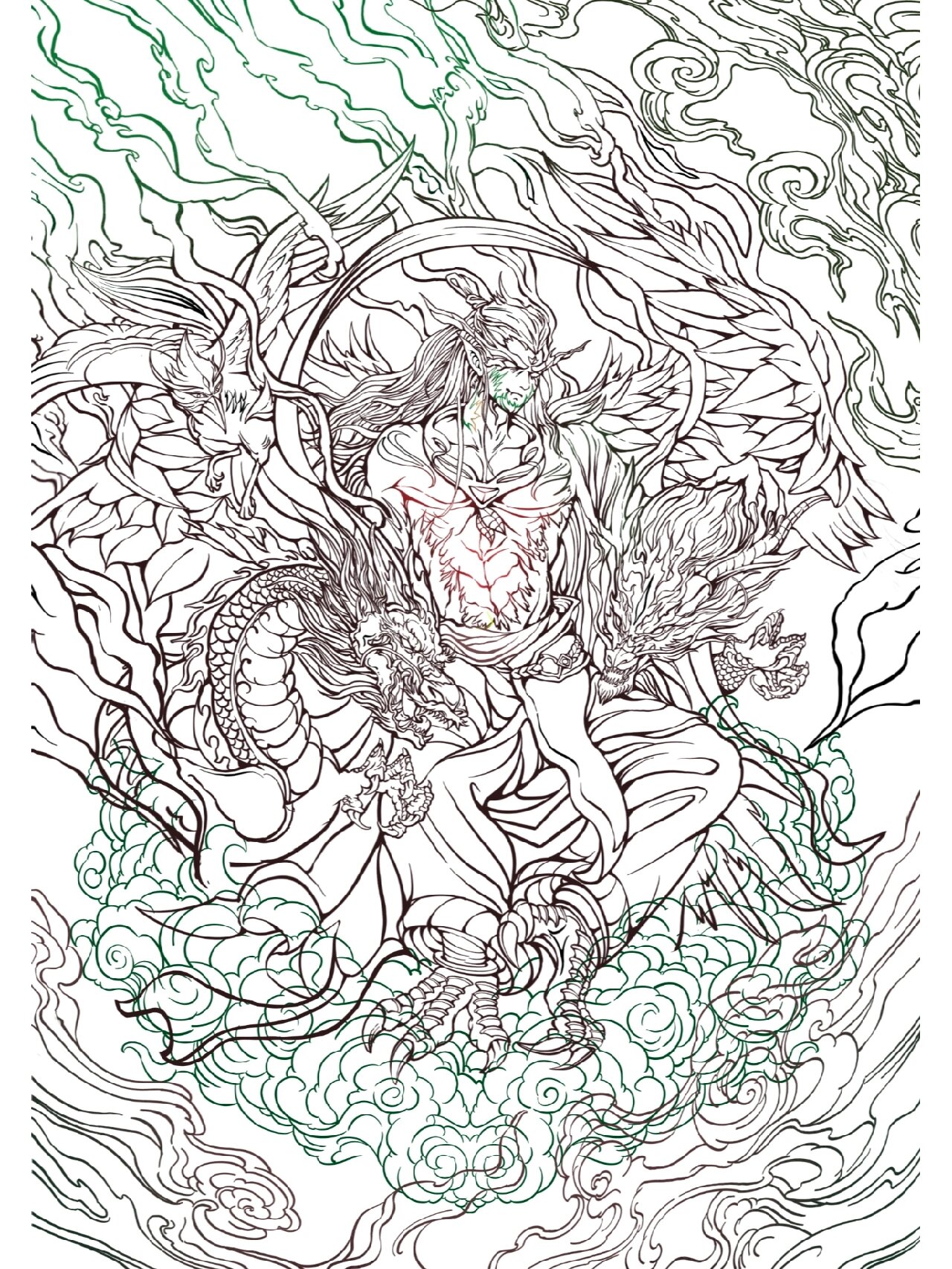 "上古五行神"系列之木神句芒绘制过程 木神乃句芒,句芒:青若翠竹,鸟身