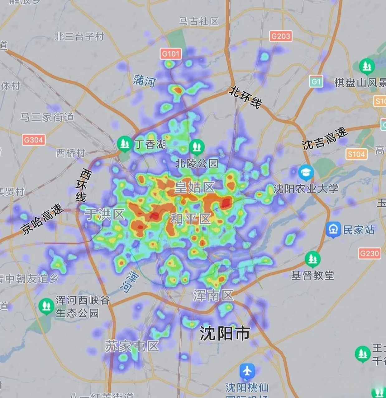 沈阳,长春,哈尔滨热力图对比,晚上22:50分同比例尺下我们来三座兄弟