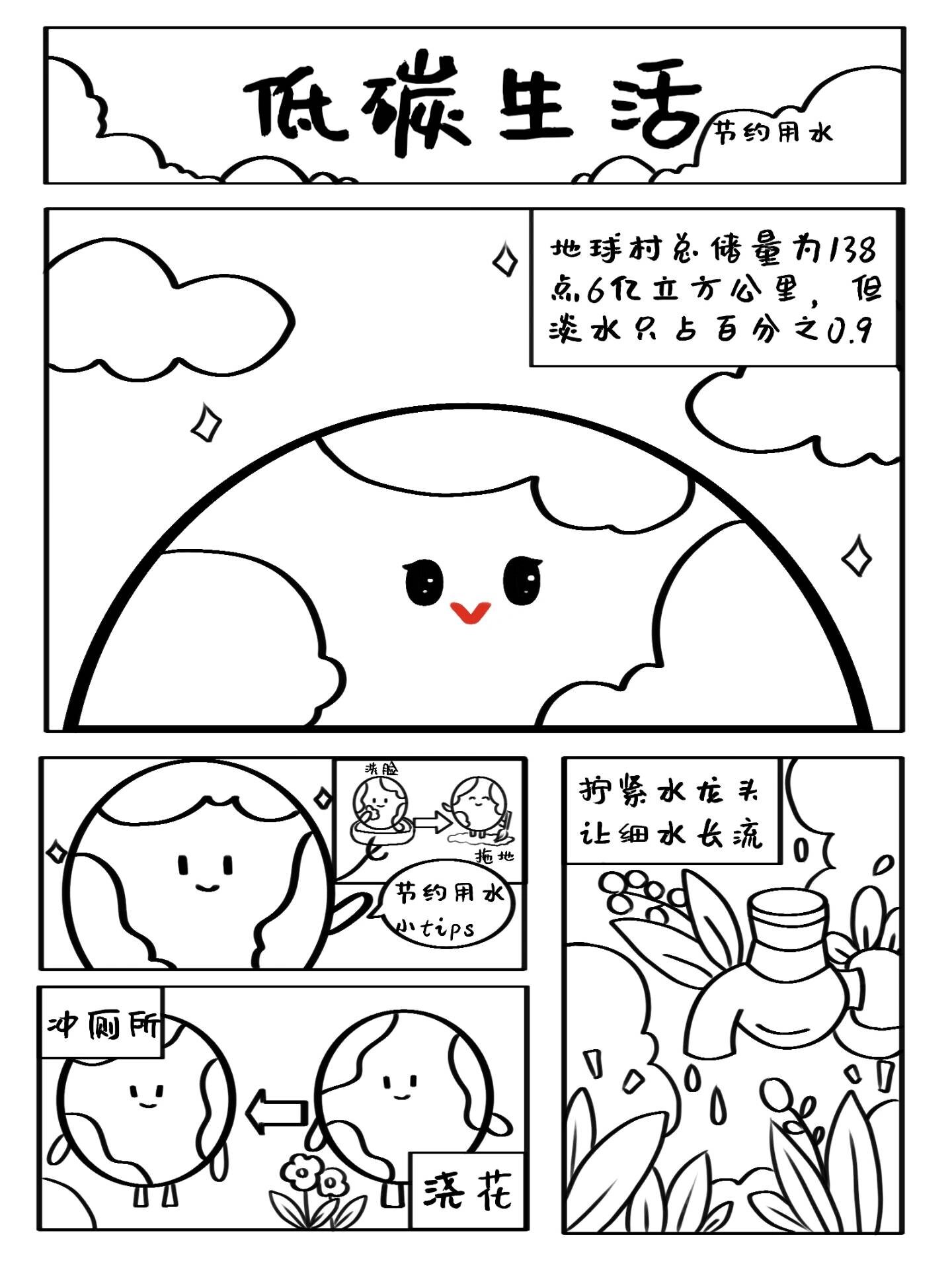 低碳生活主题宣传漫画线稿