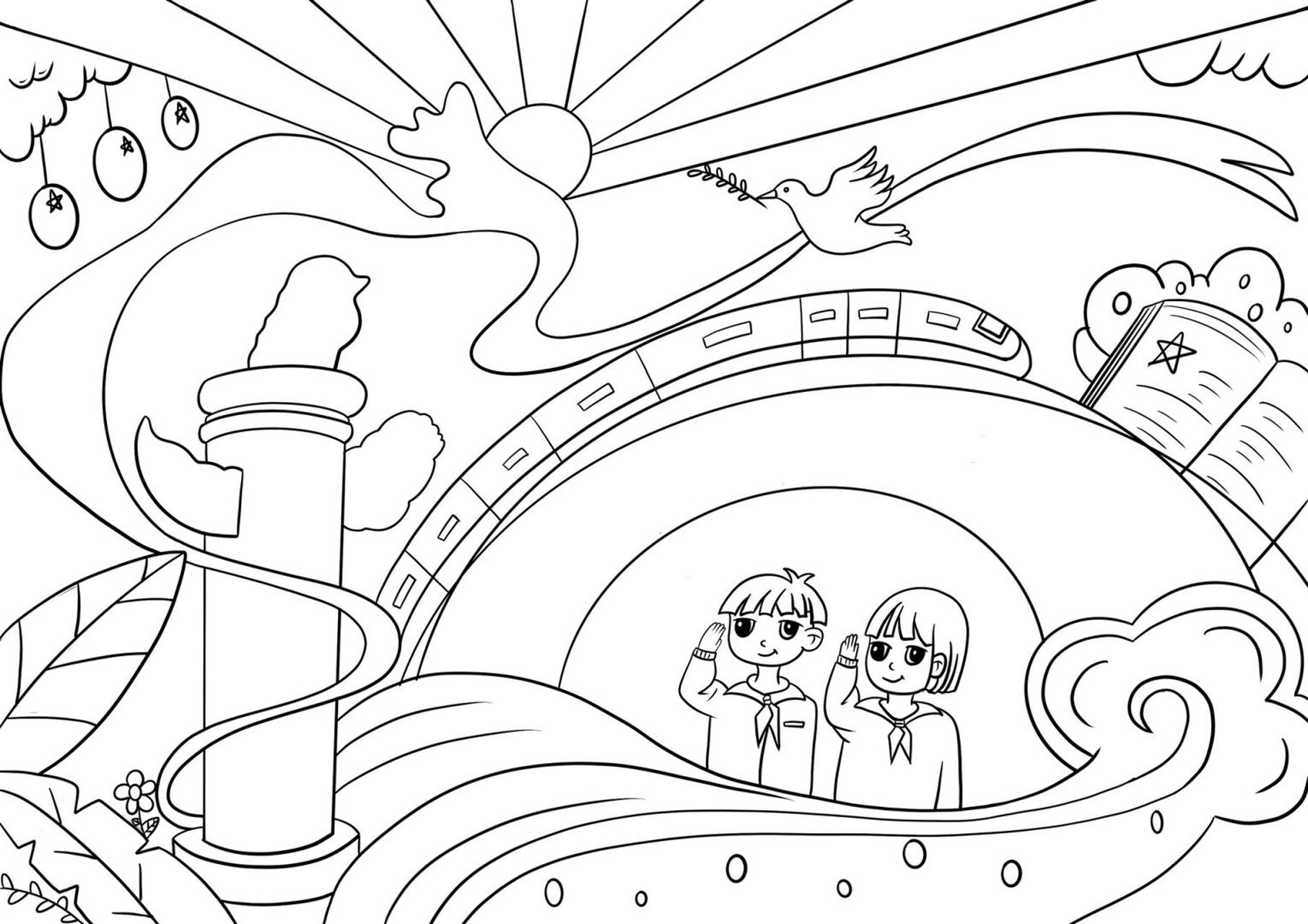 主题建党儿童绘画/原创附线稿 爱我中华|建党主题绘画 	 用ipad画的