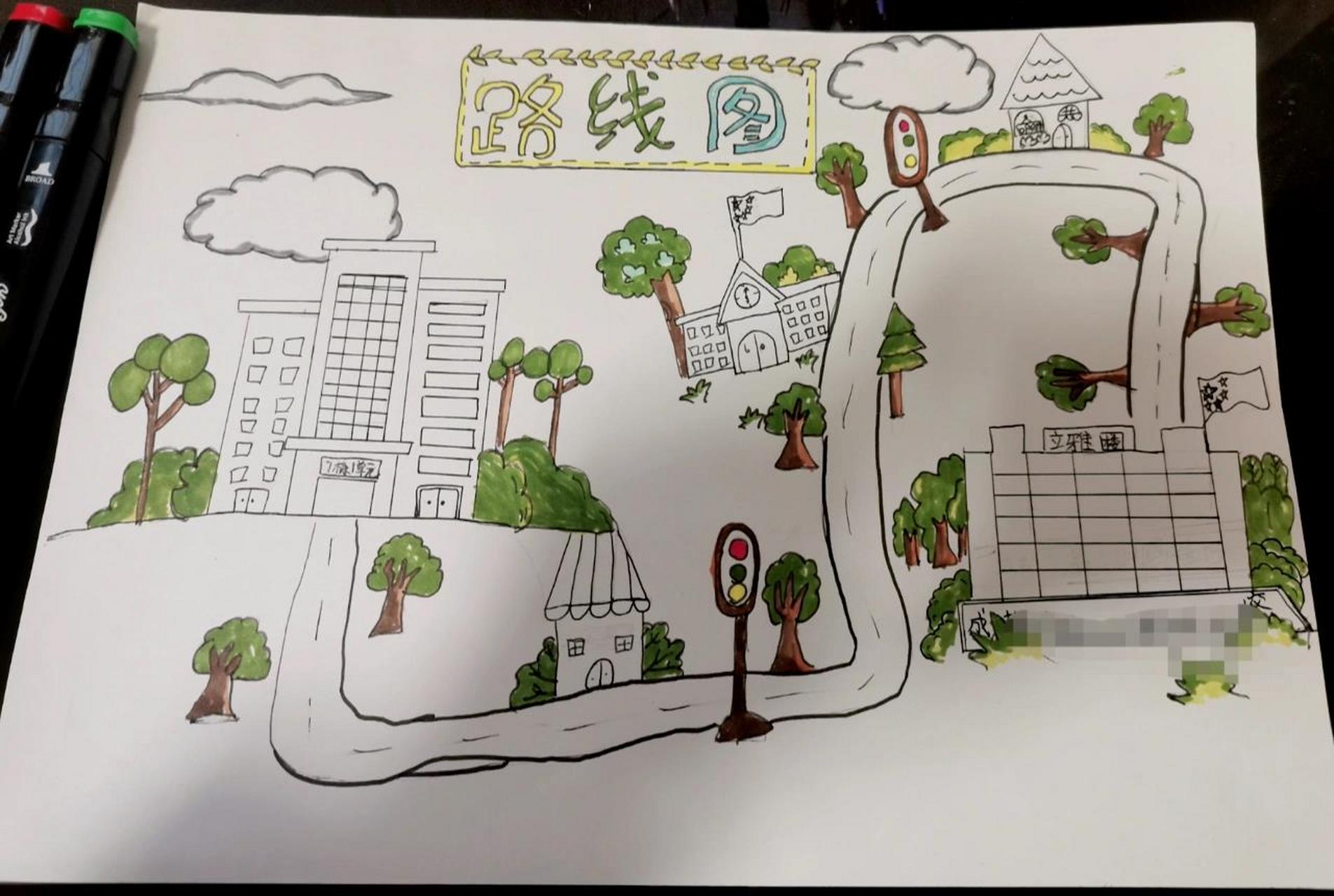 还在赶寒假作业98家到学校的路线图 二年级的小朋友自己画的 后天就