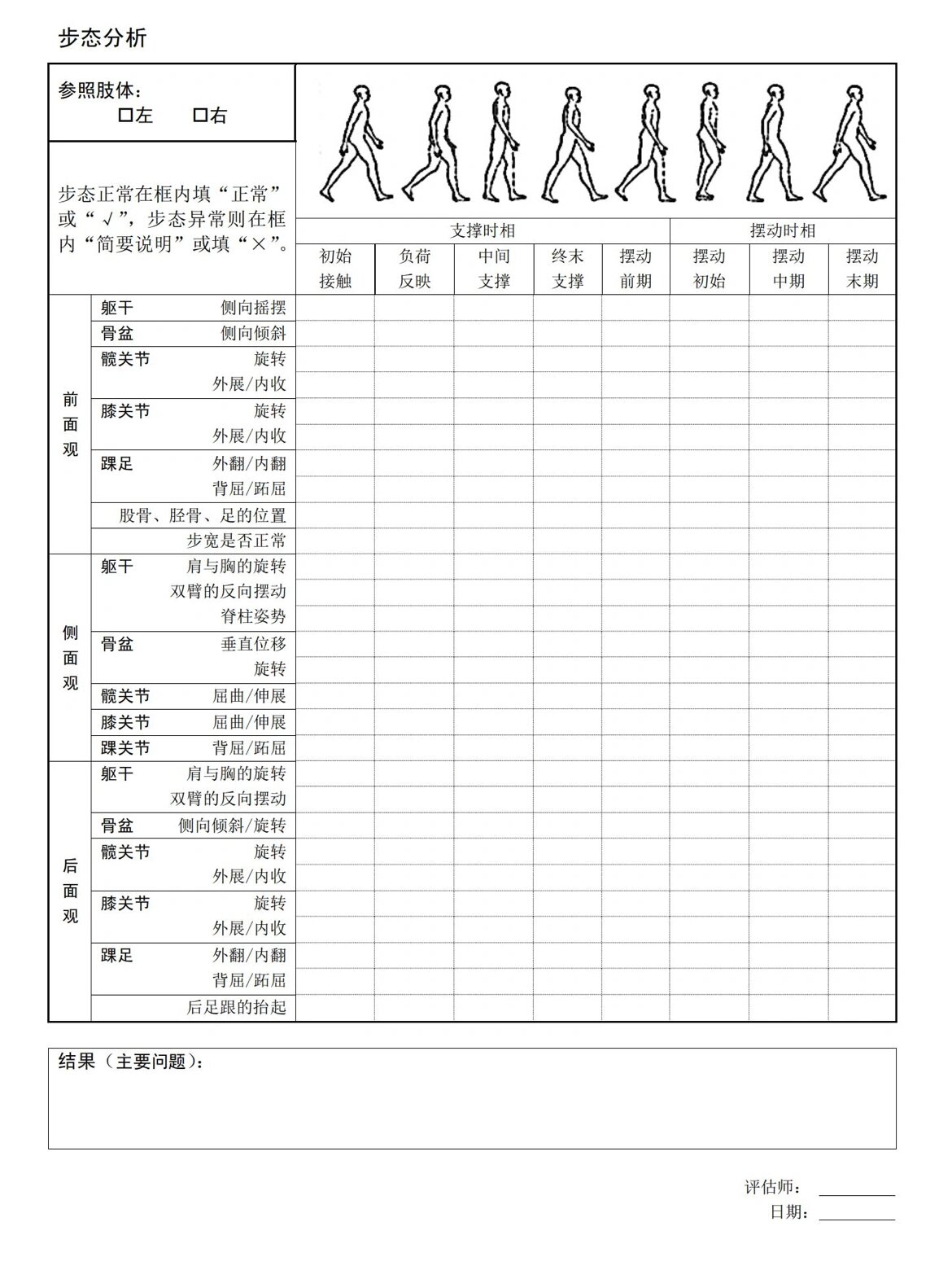 身体评估步态分析表