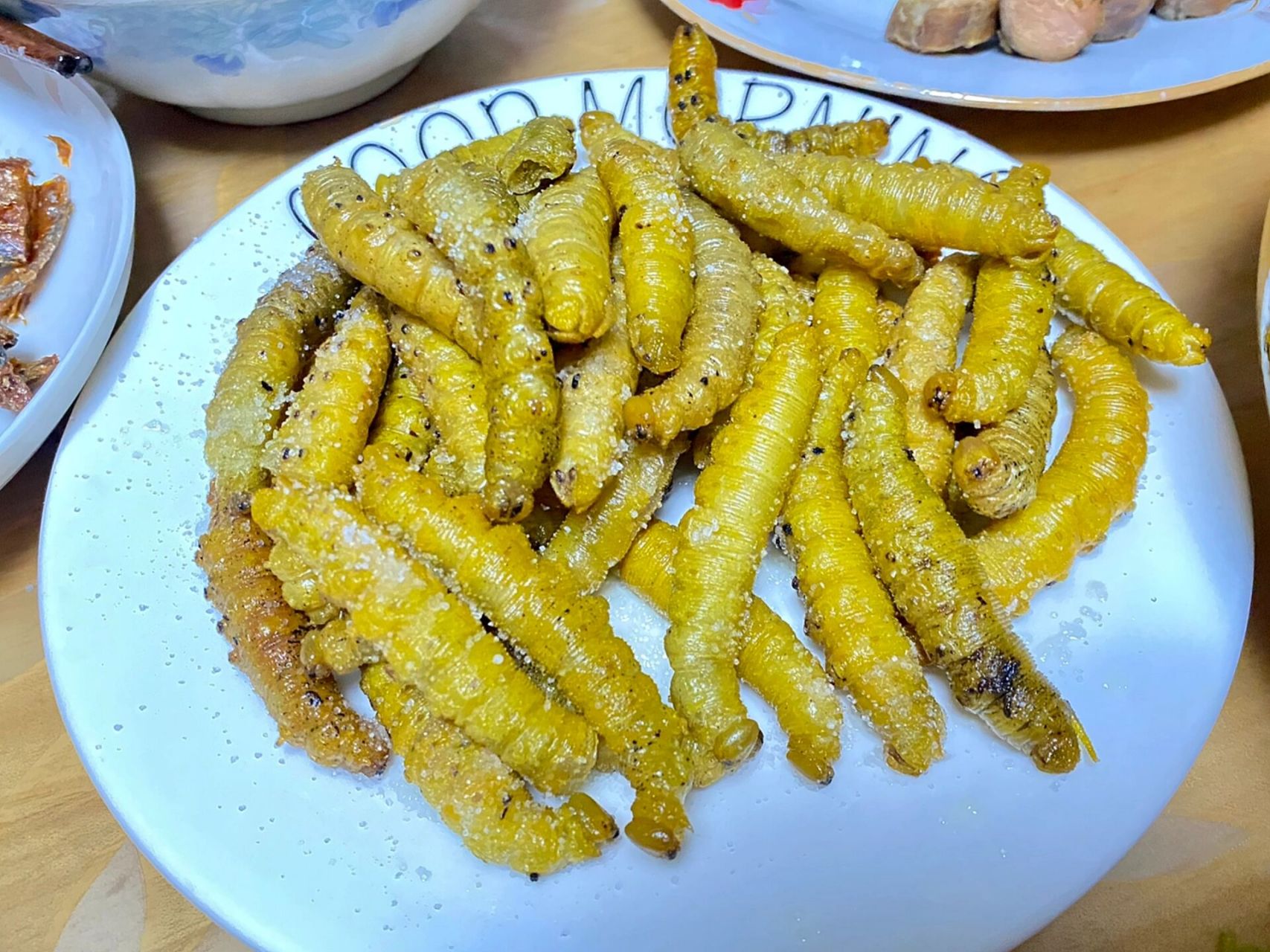 图一豆虫,外层皮比较粗糙,和知了猴质感不一样,是粗啦啦的.