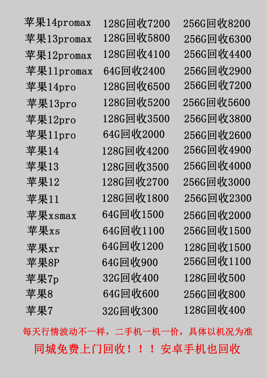 2月27日二手手机回收价格表 重庆专业回收 回收苹果全系列 回收安卓全