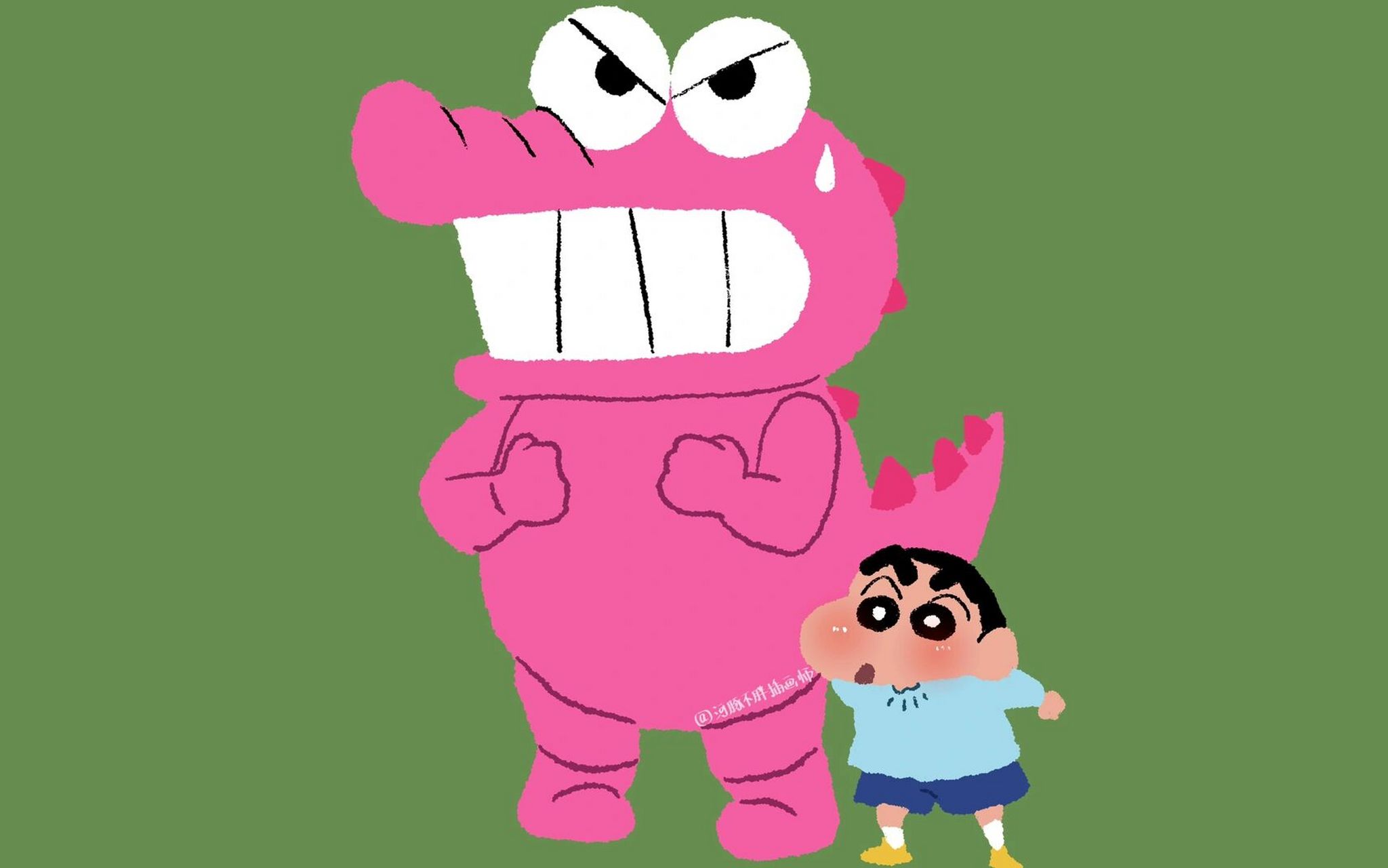 蜡笔小新与粉红鳄鱼绿色护眼电脑壁纸 大家问的蜡笔小新和粉红鳄鱼