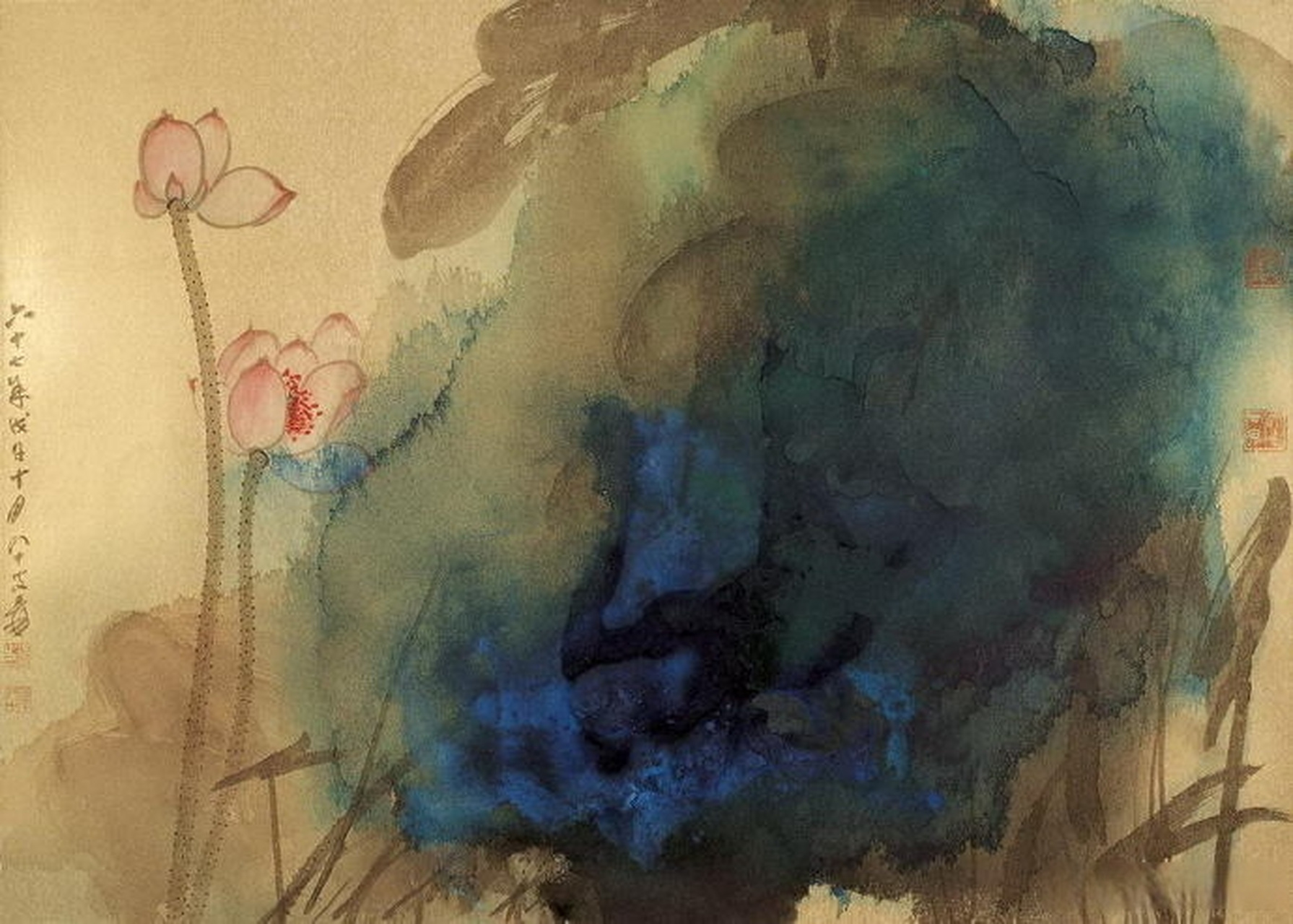 「张大千泼彩荷花」张大千一生中所画荷花成千上万,有朱荷,粉荷,黄荷