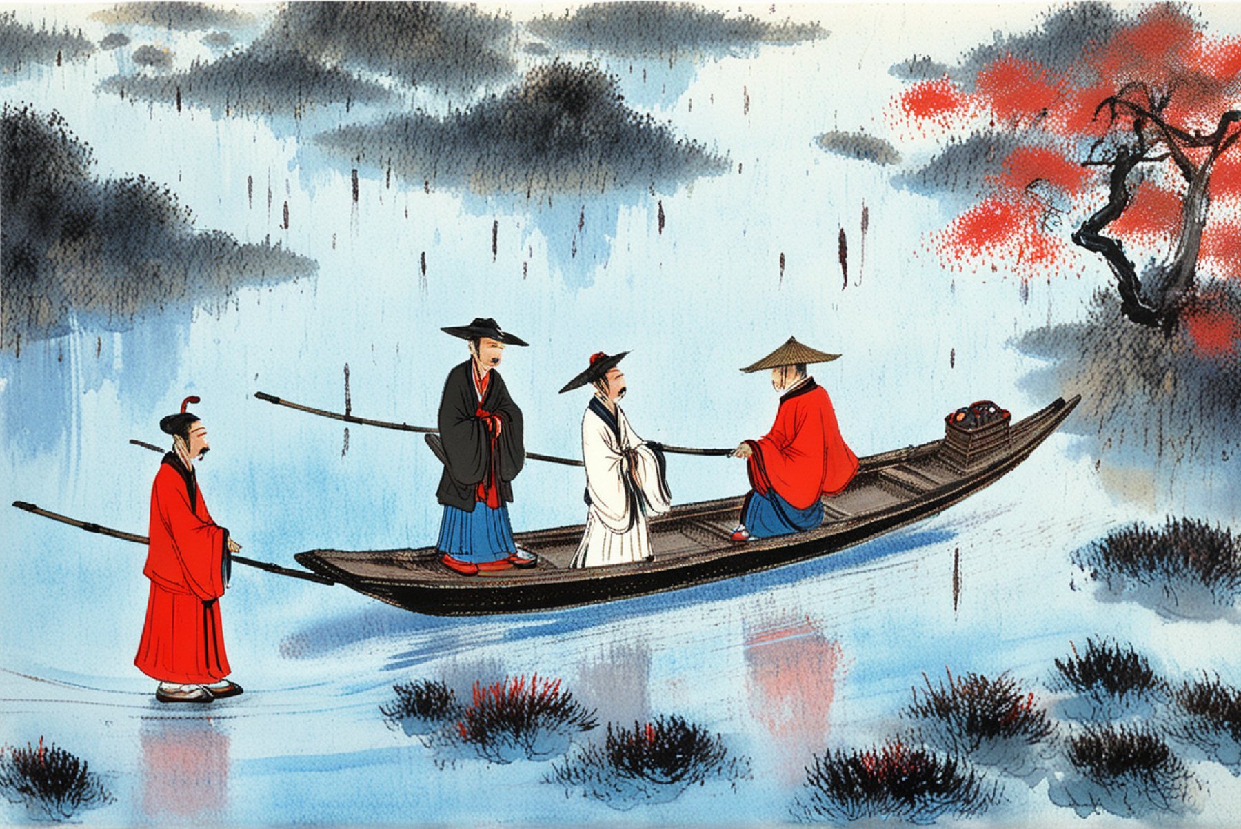 同画舫,客人,岸边柳树下抚琴的古风漫画古人同舟共济 图冯盎向唐太宗