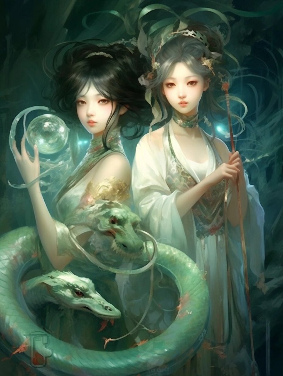 ai绘画之白蛇与青蛇 #ai绘画# #古风头像# #古风插画# #ai绘画有点