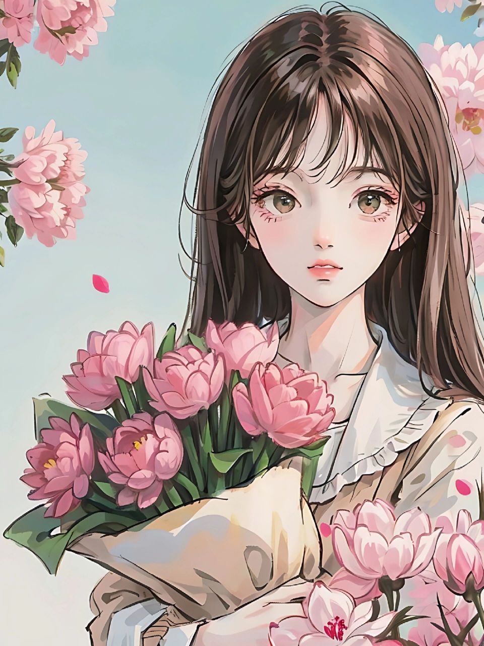 捧着郁金香花的美女头像