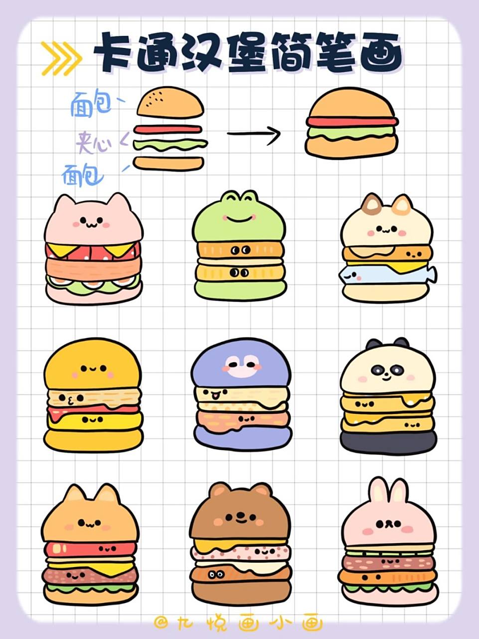 那就安排~ 78一组萌萌的卡通汉堡简笔画,零基础友好,已经拆解好啦