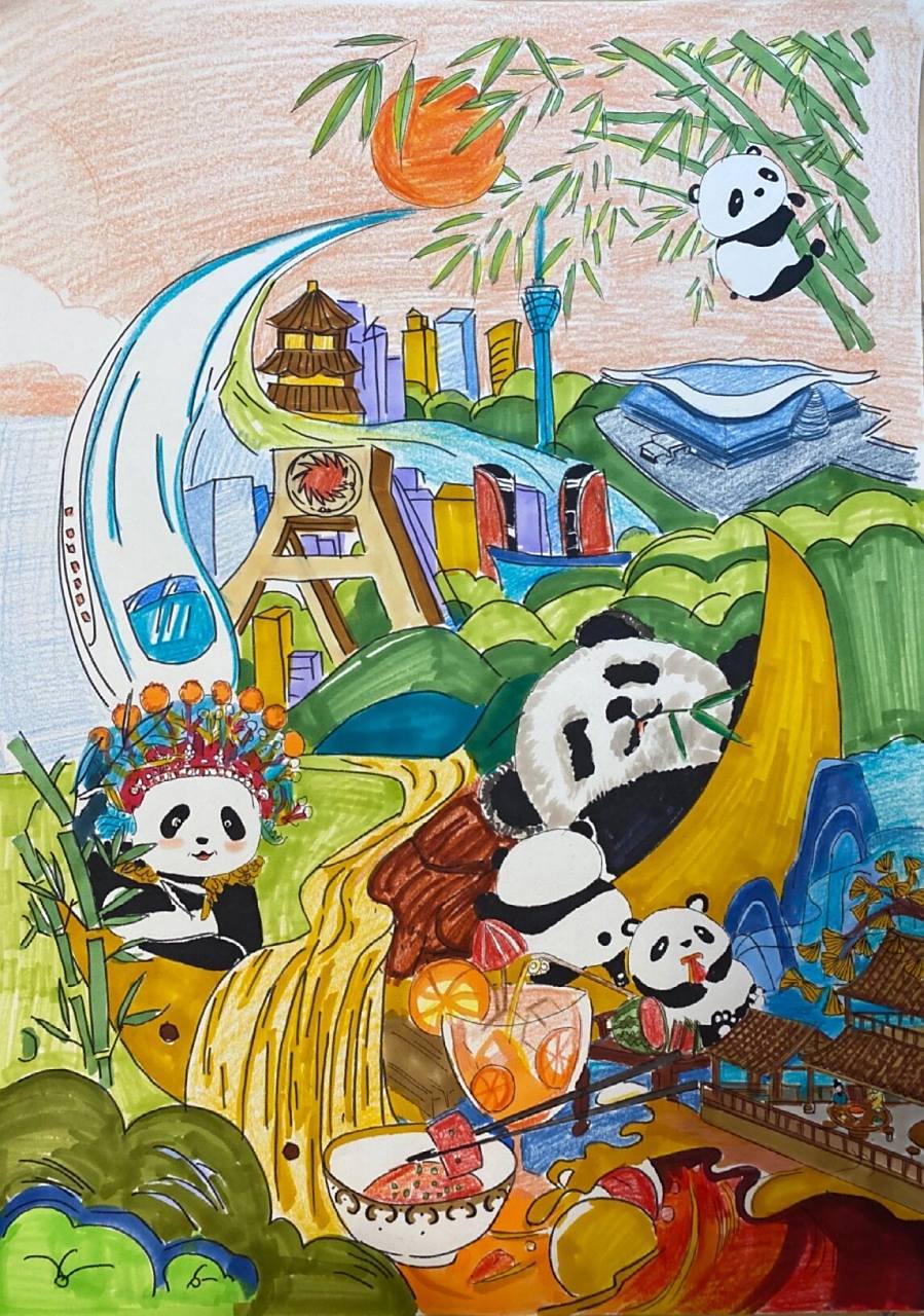 四川成都熊猫94创意画  川蜀原创手绘创意画 材料马克笔77彩铅