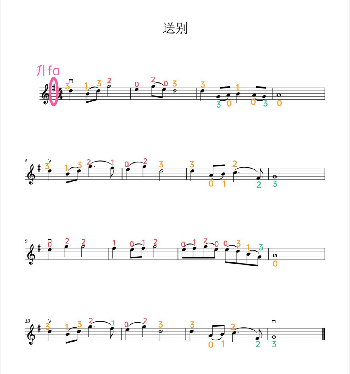 小提琴版《送别》简单易上手 红色是一弦,黄色是二弦,绿色是三弦 首先