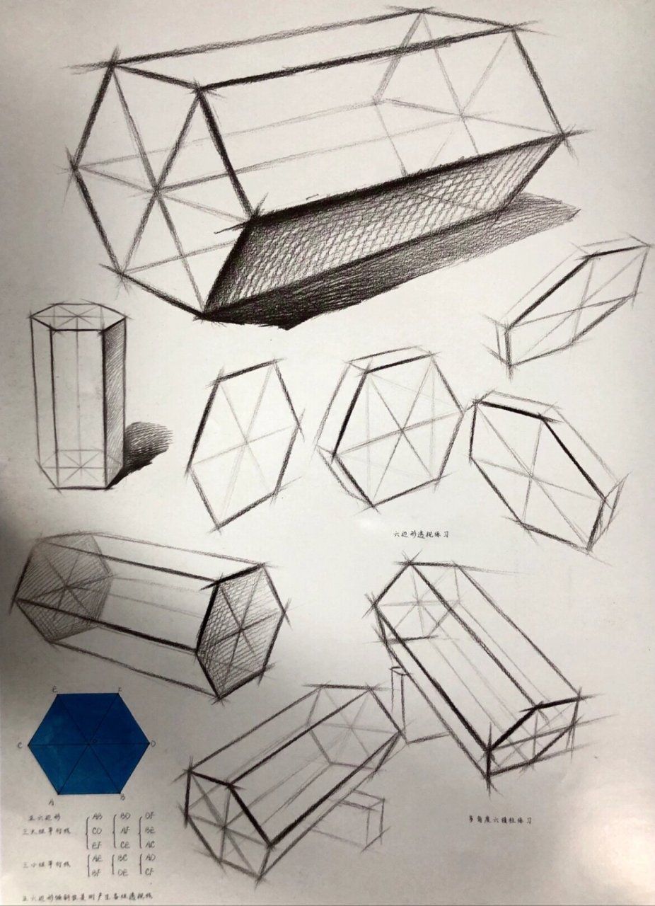 六棱柱素描学生图片