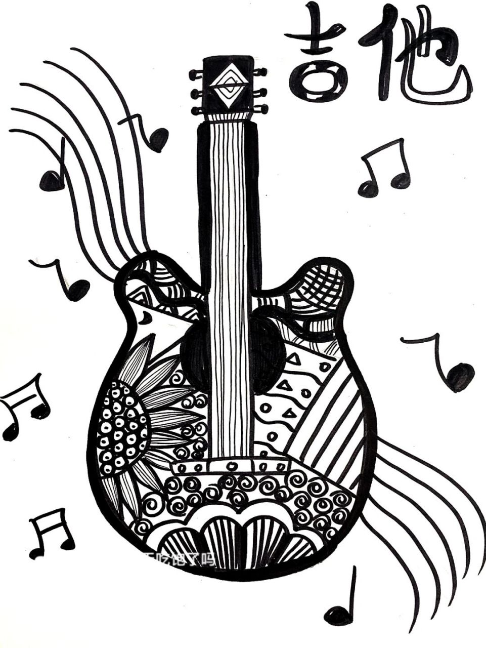 吉他线描 #创意线描# #线描# #黑白线描