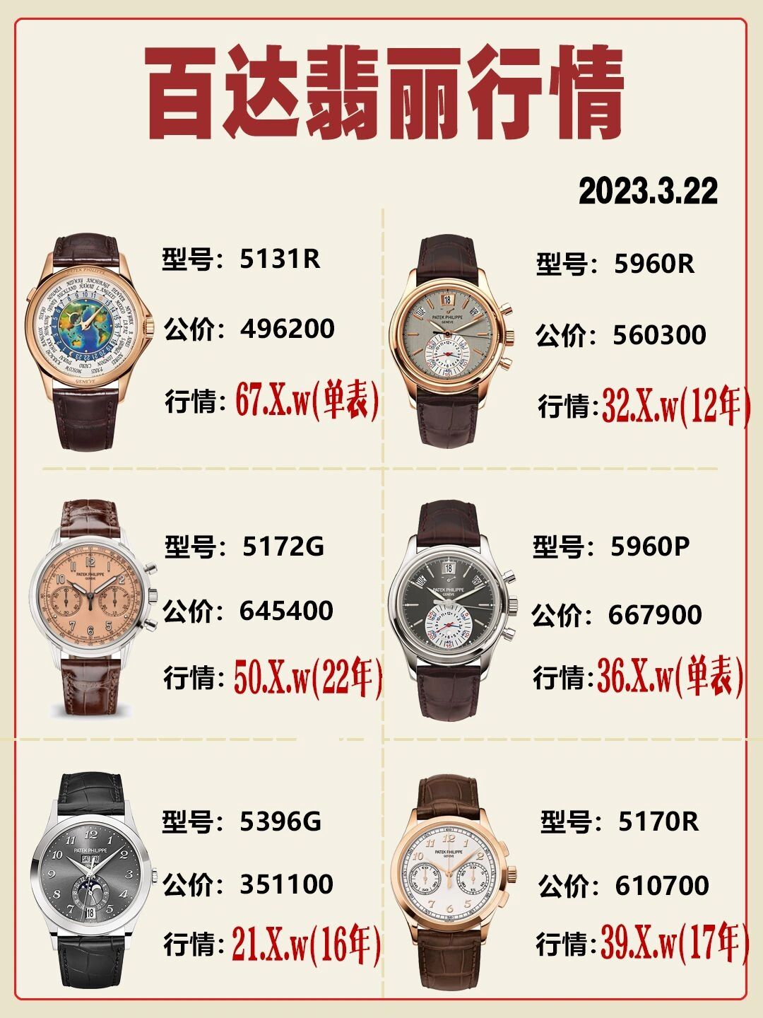 w(单表) 26615 百达翡丽5960r 公价:560300 行情:32.x.