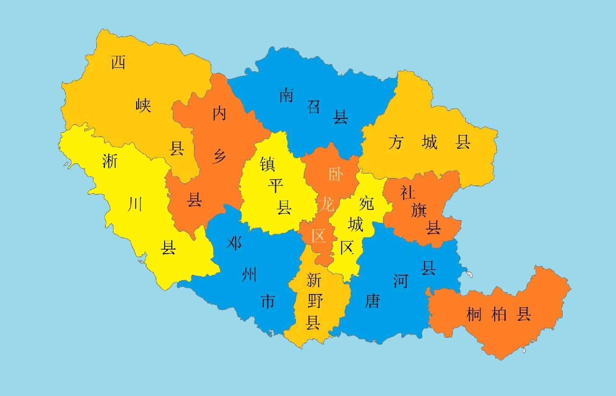 河南行政区划地图 南阳,下辖2区,10县,1县级市:宛城区,卧龙区,镇平县