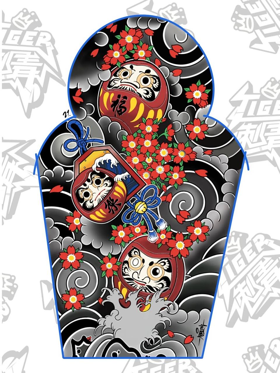 七分袖达摩蛋花臂|日式花臂纹身手稿 根据客人要求设计画的图,效果还
