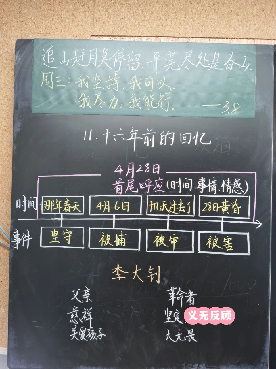 统编语文六下第11课《十六年前的回忆》板书 第一课时主要梳理时间和