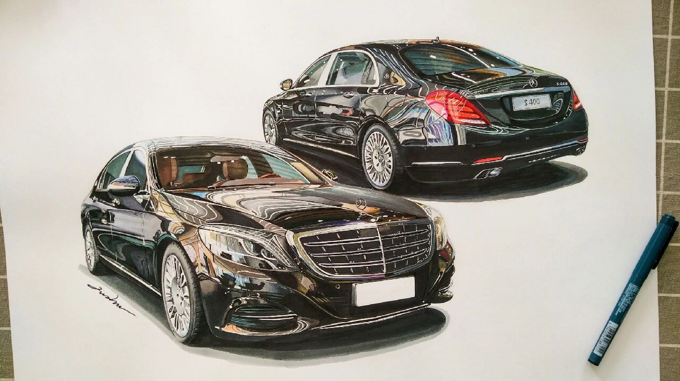 马克笔汽车手绘 梅赛德斯-迈巴赫s400