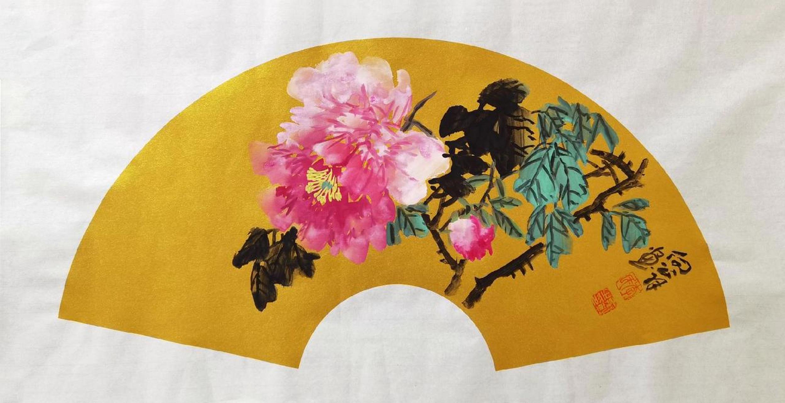 画扇面 国色天香牡丹花 画家李志向