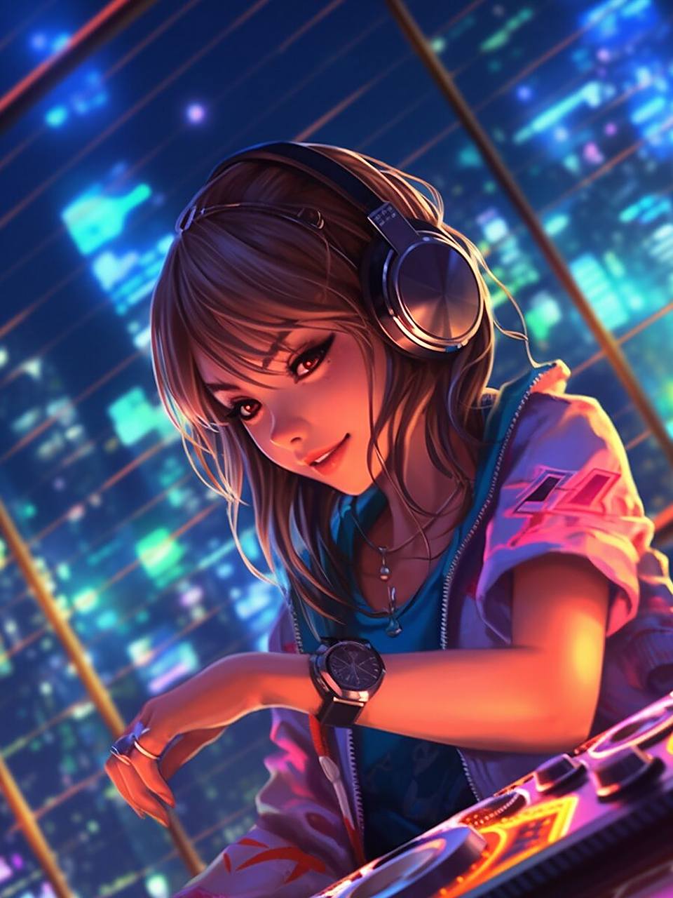 完整关键词 俱乐部的dj甲板霓虹灯上的感性热dj动漫女孩,背景,动漫