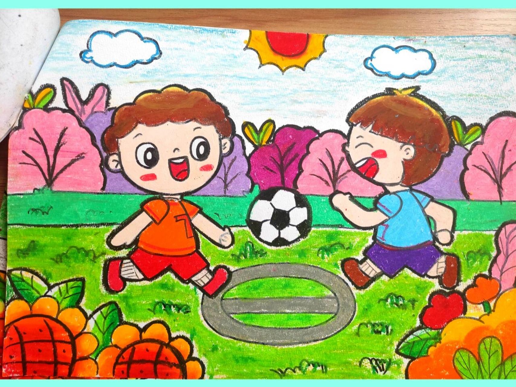 儿童画踢足球一等奖图片