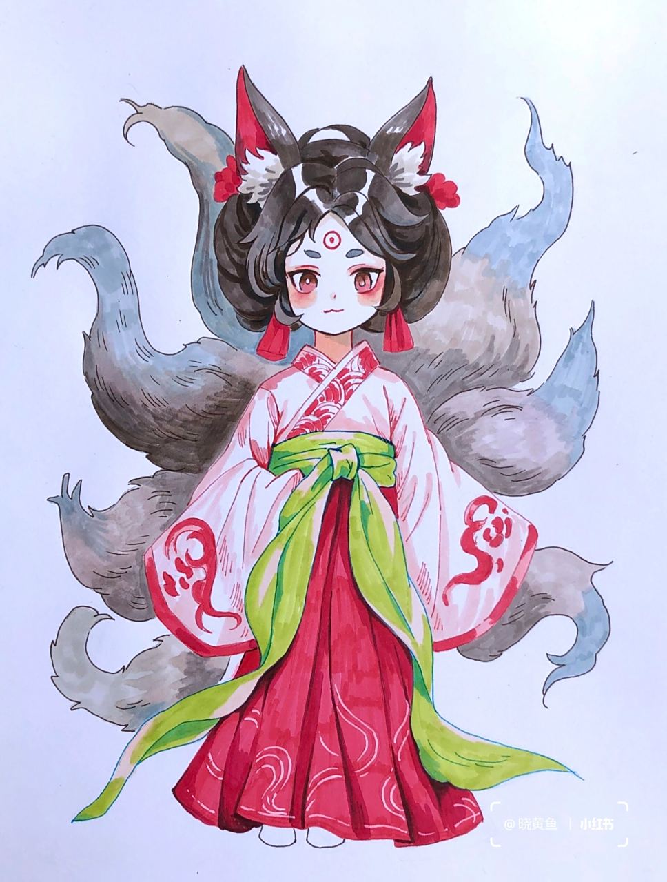马克笔动漫人物手绘《小狐狸》有线稿 小狐狸可爱啊,小朋友比较喜欢