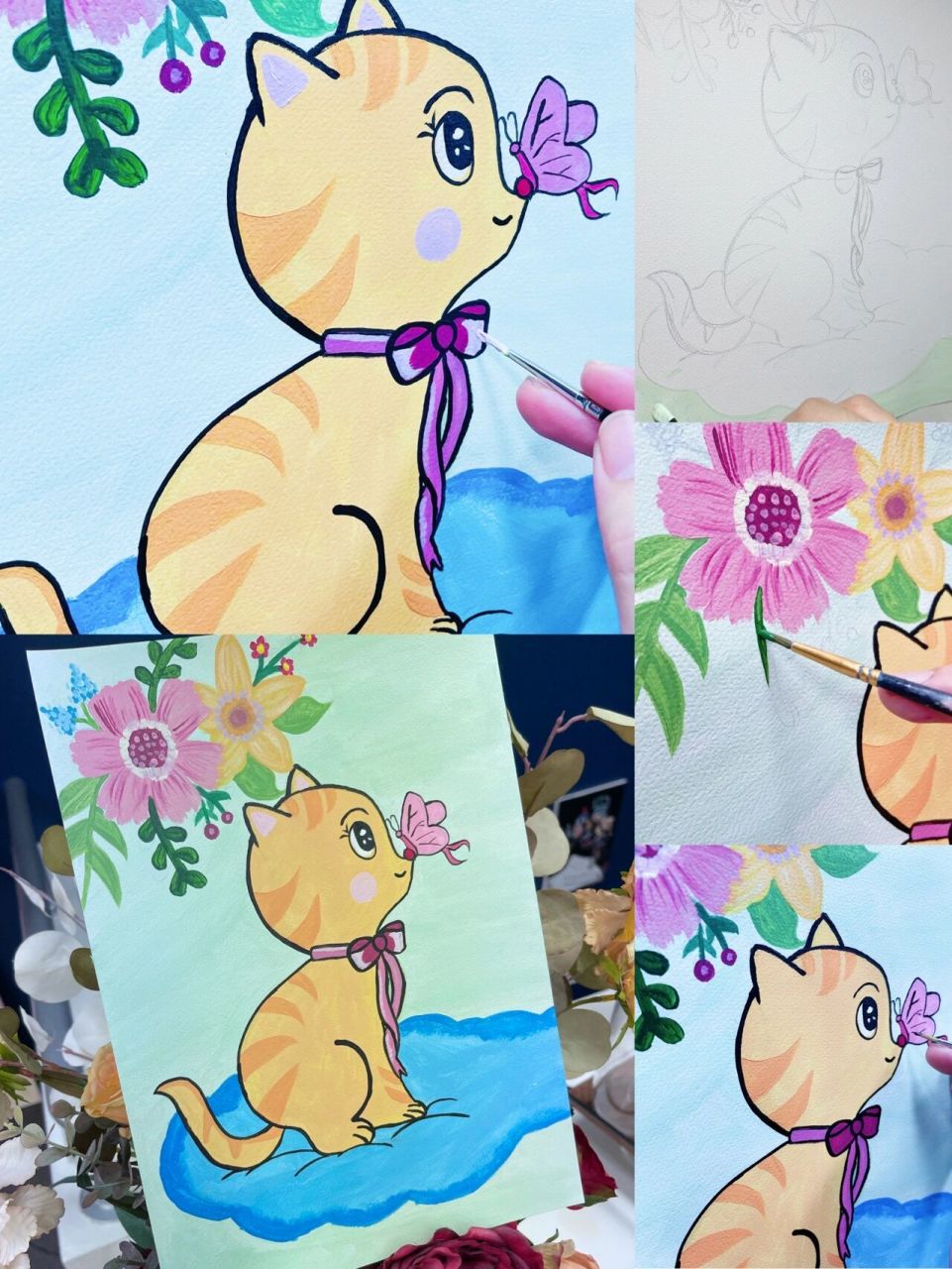 米罗6-8岁儿童范画&步骤|小猫与蝴蝶 适合6-8岁的儿童绘画96材料:画