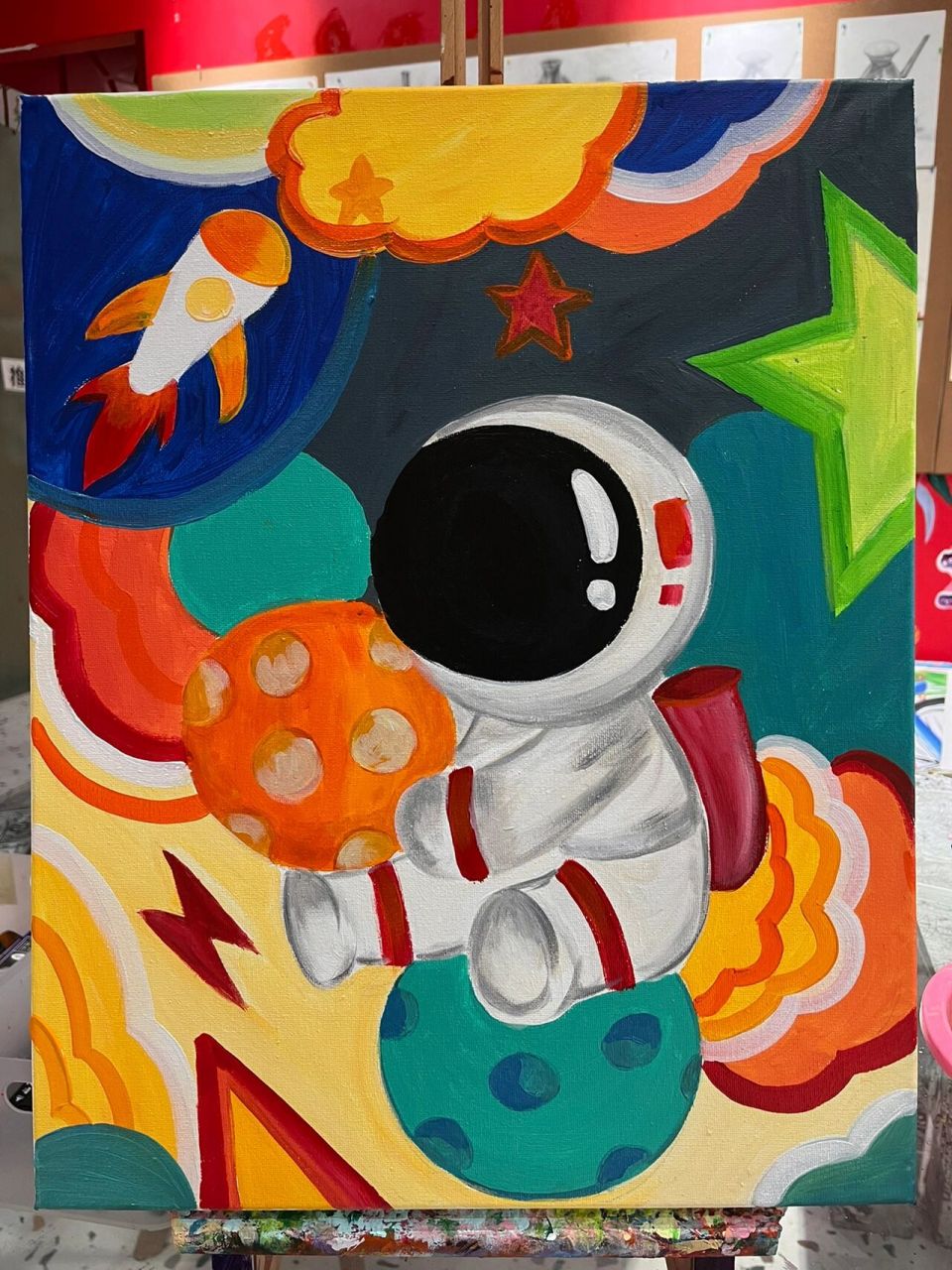 儿童原创油画—太空人 本作品适合小学初级阶段的孩子绘画,接近插画