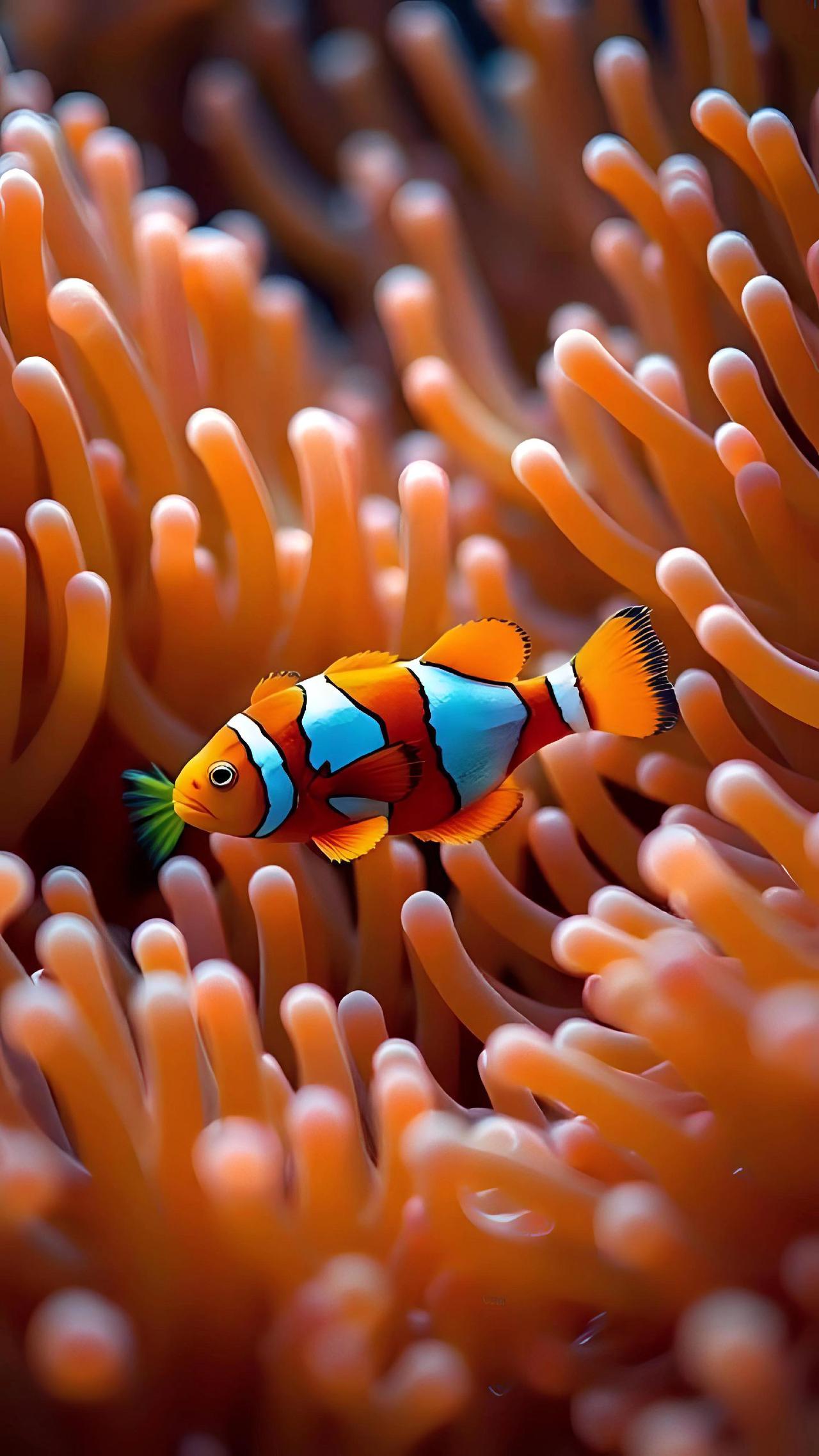 小丑鱼身披橙白相间条纹,灵动地穿梭于海葵触手间