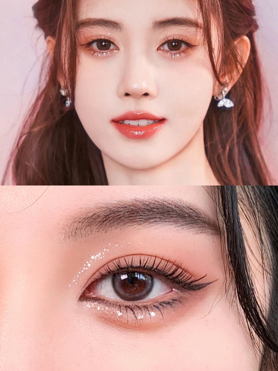 整体粉橘色系眼影~妆容完全不会显黑!而且造型给人 眼前一亮的感觉!