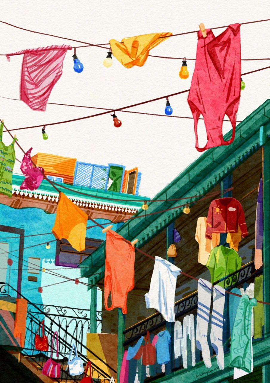 场景插画-挂满衣服的晾衣绳 这是一副非常难产的画.