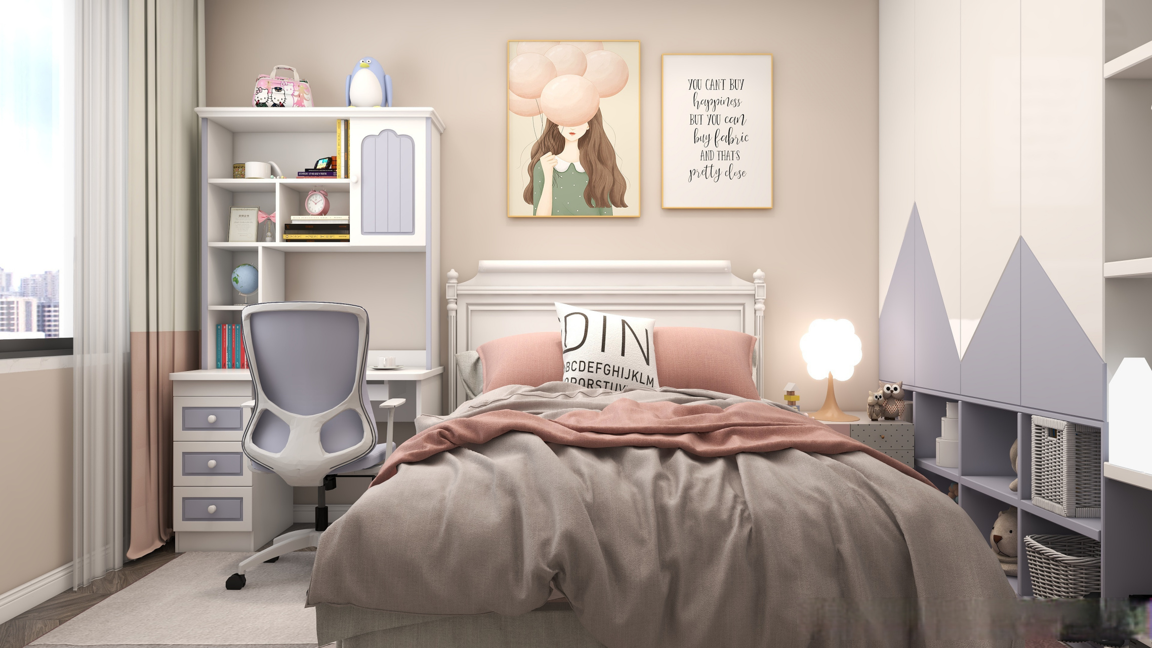 房间粉紫为主调,卡通小灯更符合孩子审美 #北欧风格装修##酷家乐