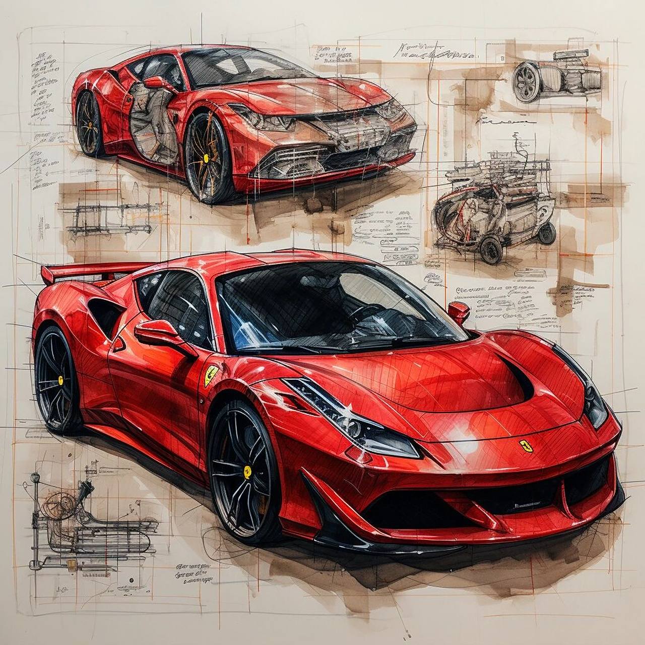 法拉利跑车绘制 midjourney                   red ferrari concept