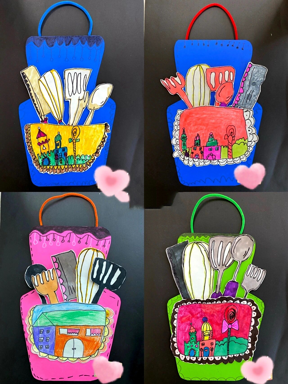 5-8岁创意手工儿童画       绘画步骤: ①在白色纸上画出厨房工具