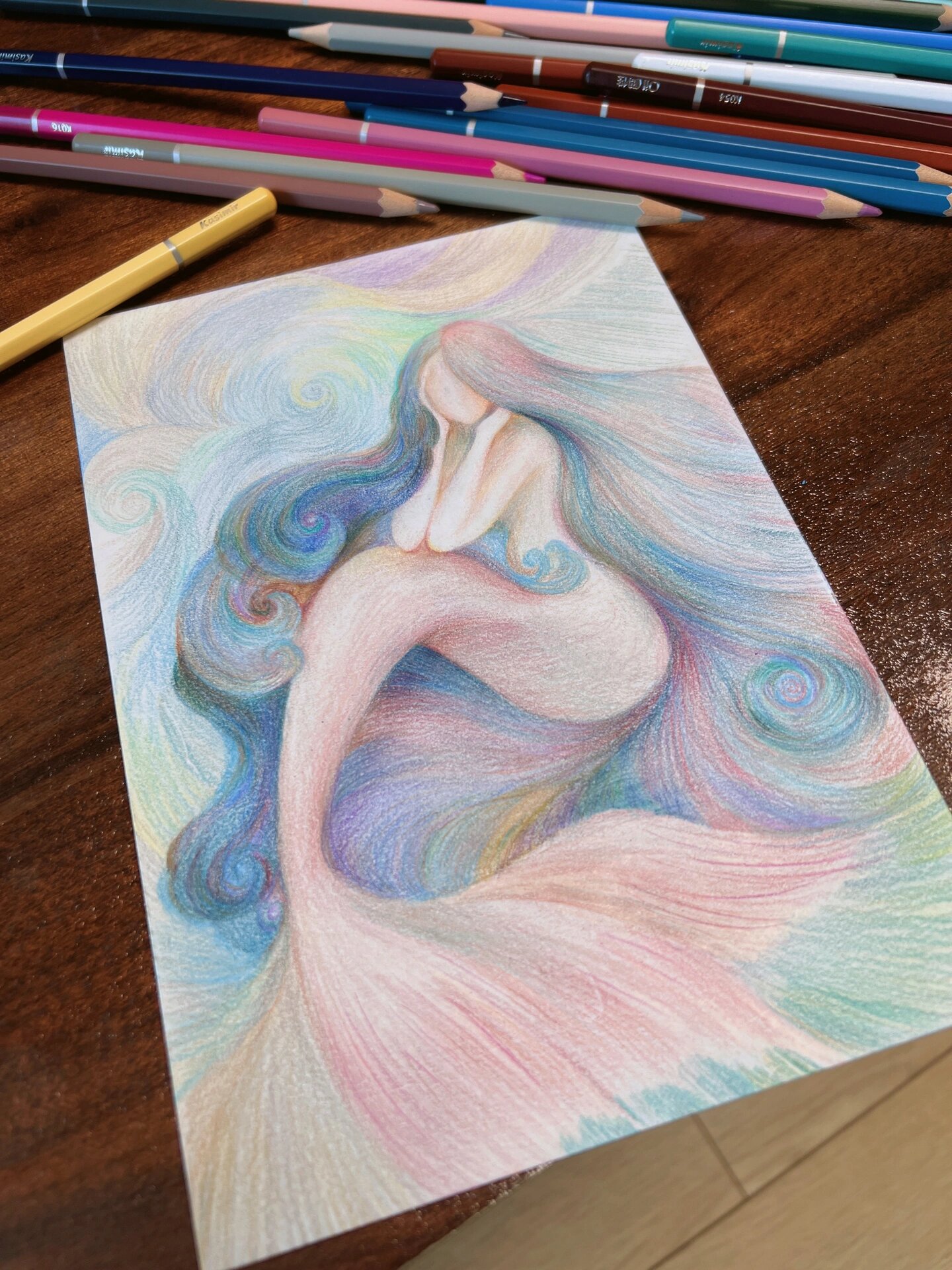 梦幻美人鱼,原创彩铅手绘 夏天的天空总是很美 可惜我没有能去看落日