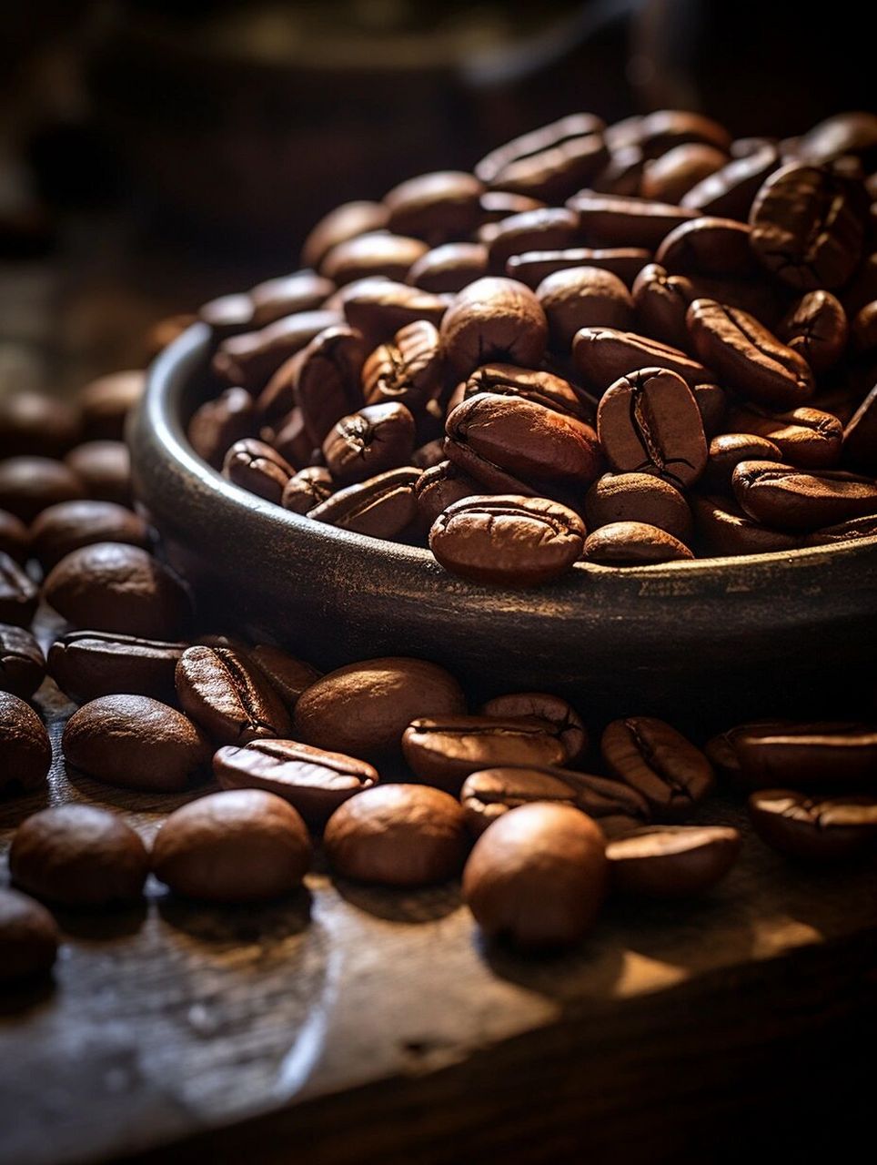 prompt:arrange a small pile of coffee beans on a rustic wooden