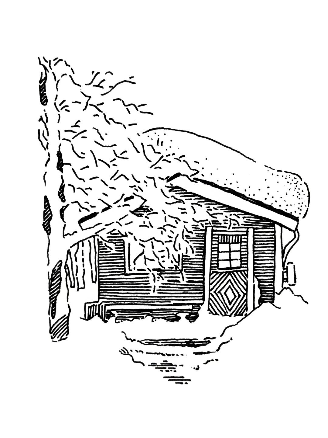 钢笔画雪中小木屋