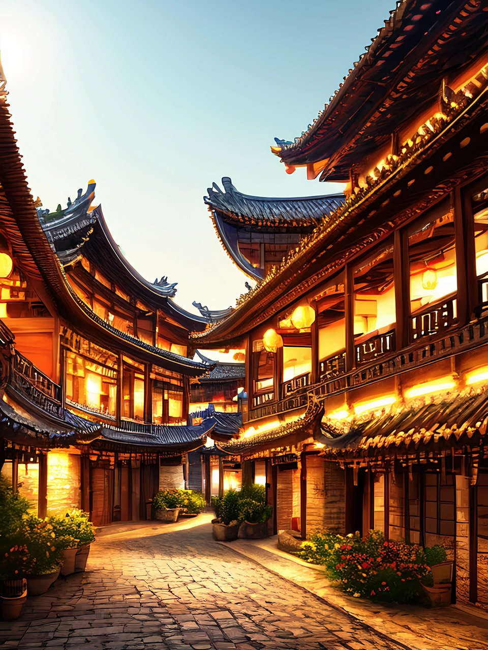 古风插画16山水阁楼夕阳傍晚下的灯光