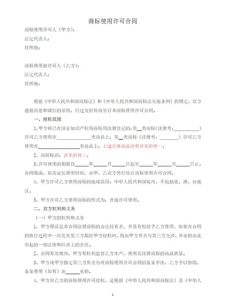 商标使用许可合同(模版)