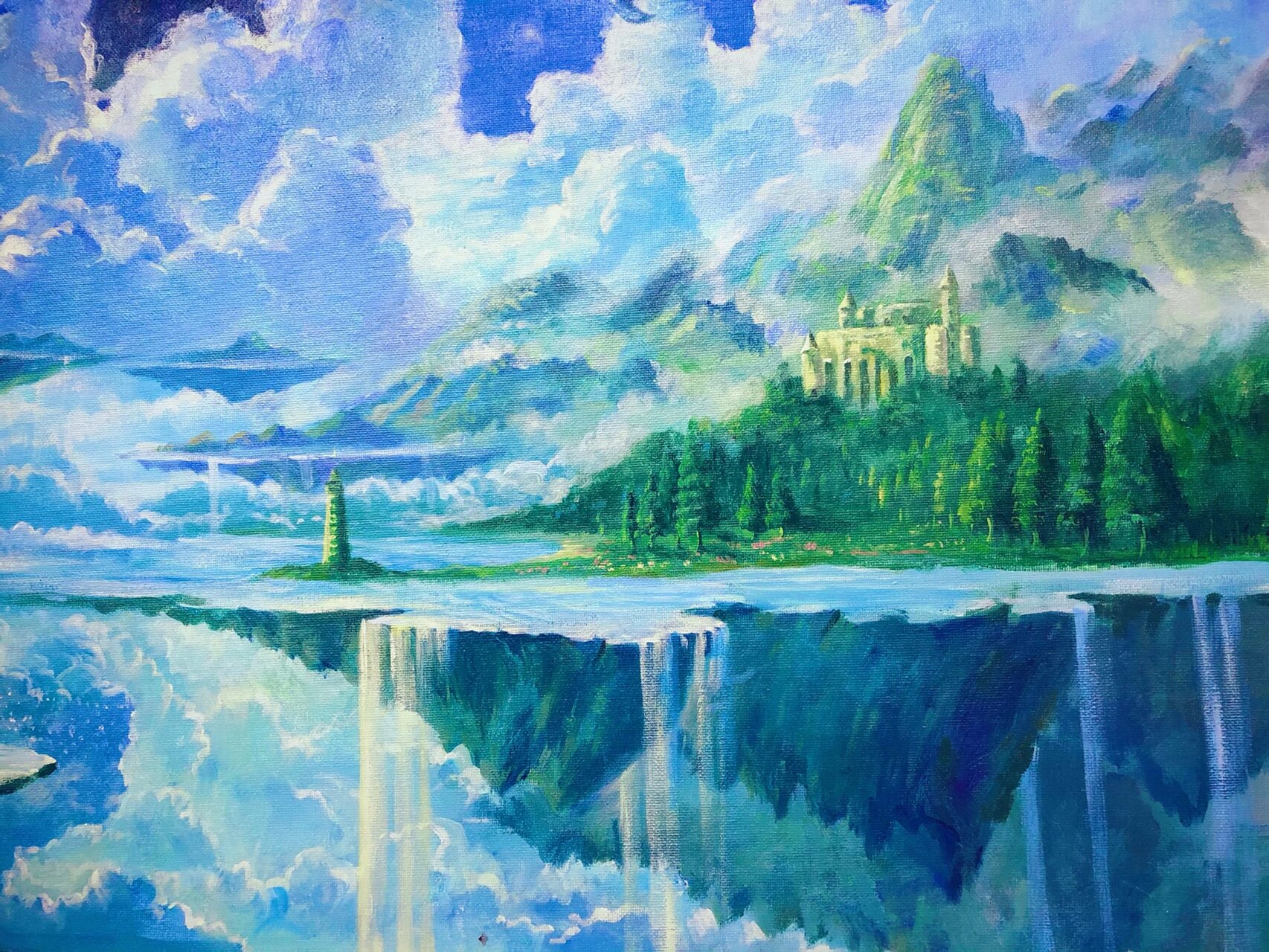 其中两张参考了一个艺术家的作品二创 	 手绘丙烯画,丙烯风景,梦幻