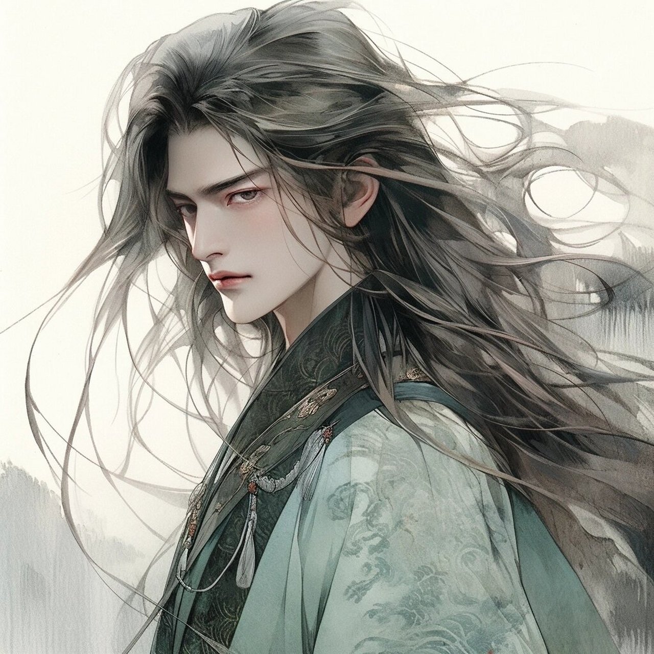 古风美男绘画古风头像发型妆容插画漫画 古风绘画古风头像发型妆容