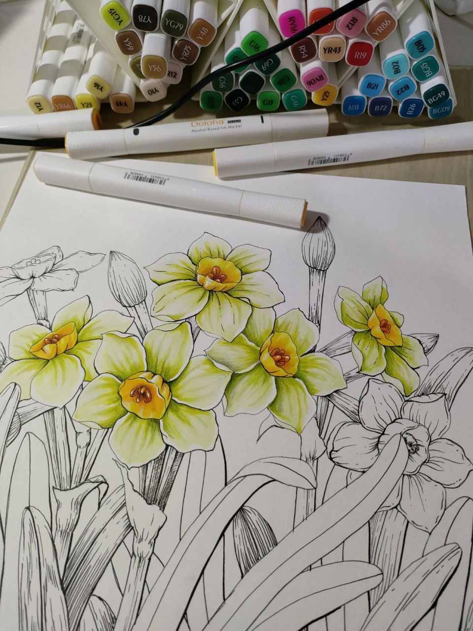 水仙花绘画马克笔线描插画装饰画手绘原创 迟到的年宵花,颜色画深了些