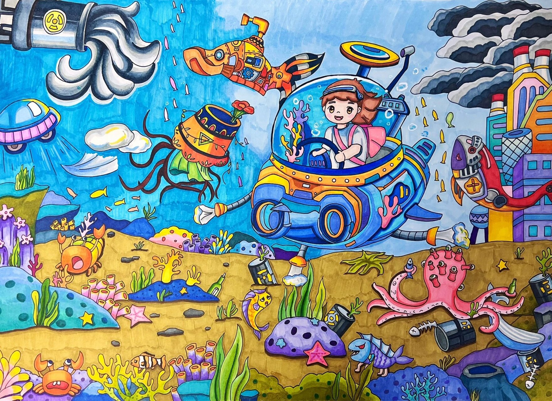 核废水污染科幻画 马克笔手抄报手绘 代画 核废水污染科幻画 代画一张