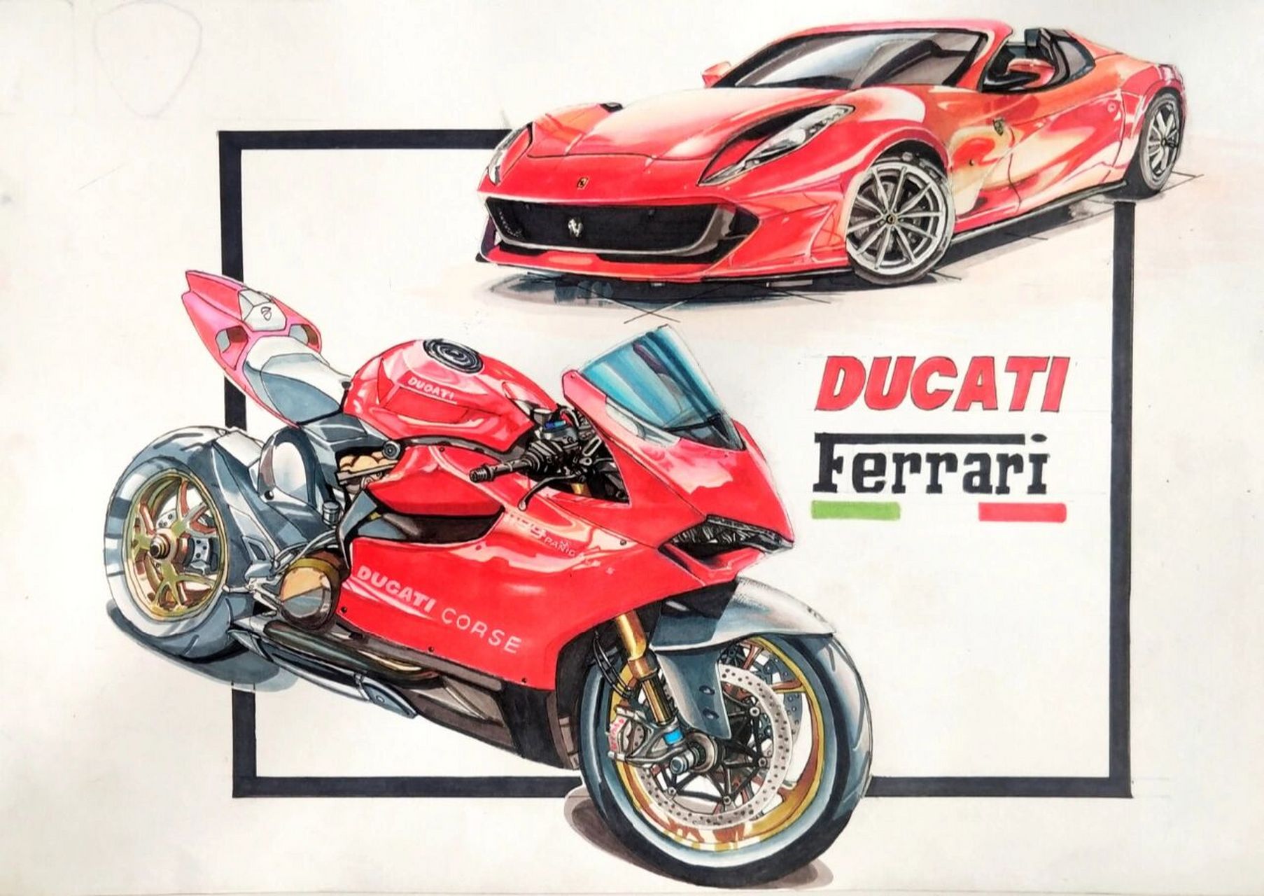 马克笔手绘–杜卡迪/法拉利92 机车中的法拉利 汽车中的杜卡迪