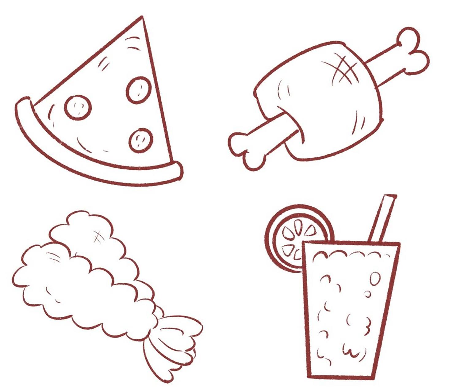 简笔画|食物简笔画 真是喜欢吃吃吃,披萨,大肉腿,果汁,肉串,面包