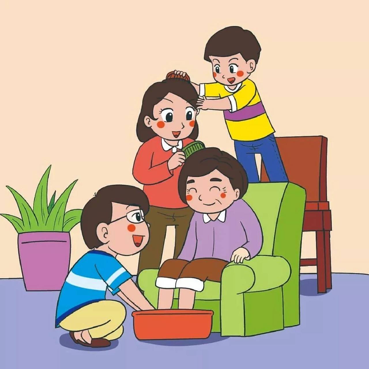 看图写话 幸福一家人 周五晚上,华灯初上,小明的爸爸乐呵呵地端来一盆