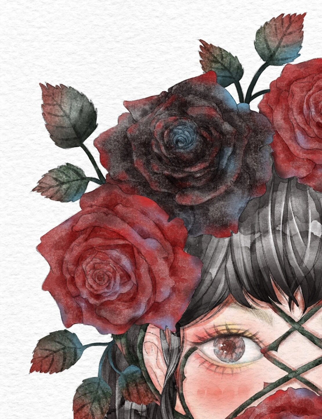 暗黑水彩人物 |红黑玫瑰|原创|附线稿图 procreate仿水彩 给它取名叫