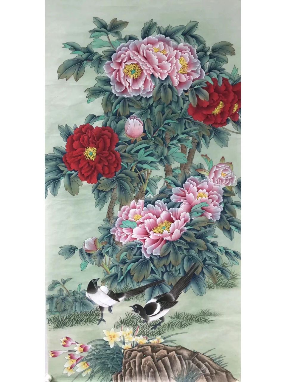 许国华工笔作品四尺牡丹(68x138厘米)新作